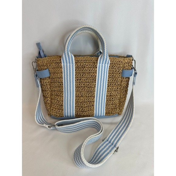 Antik Kraft Straw Canvas Purse Tote‎ Bag Summer Spring Top Handle Crossbody Blue - Picture 12 of 12